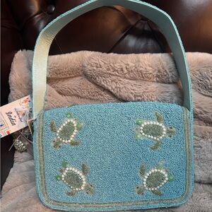 Beaded Sea Turtle Shoulder Bag in Aqua NWT